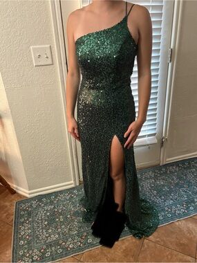 Crystal Doll Emerald Green One-Shoulder Sequin Gown
